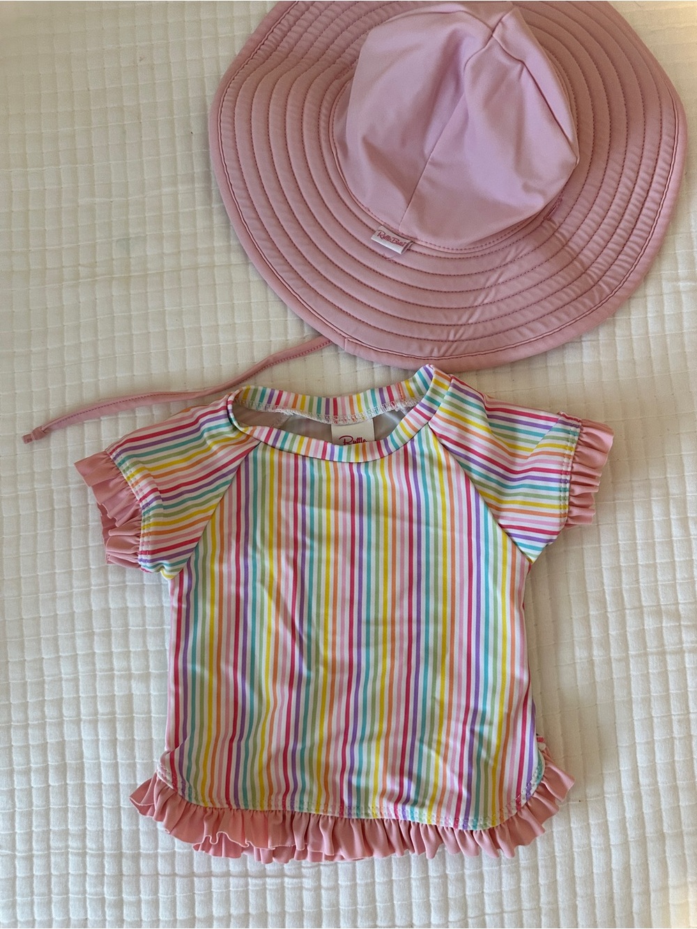 Ruffle Butts Rainbow Striped 2 piece bathing suit and hat